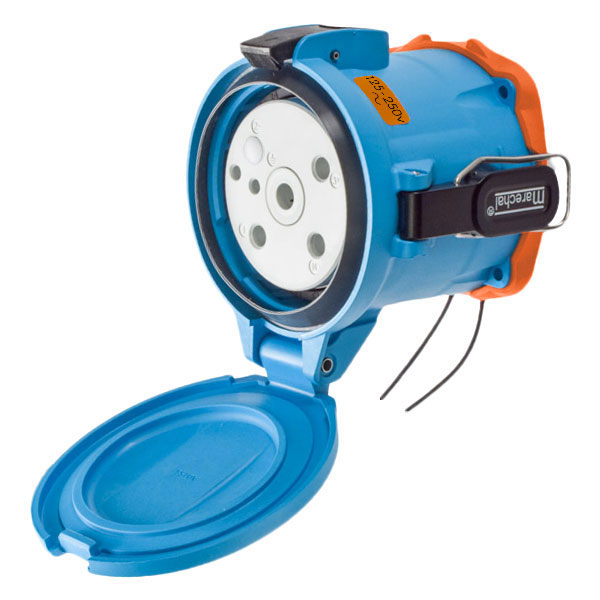 63-94076-262-375 - DSN150 RECEPTACLE POLY BLUE SIZE 5 TYPE 4X IP 69 2P+N+G 150A 125/250 VAC 60 Hz +2 AUX MUSHROOM PAWL